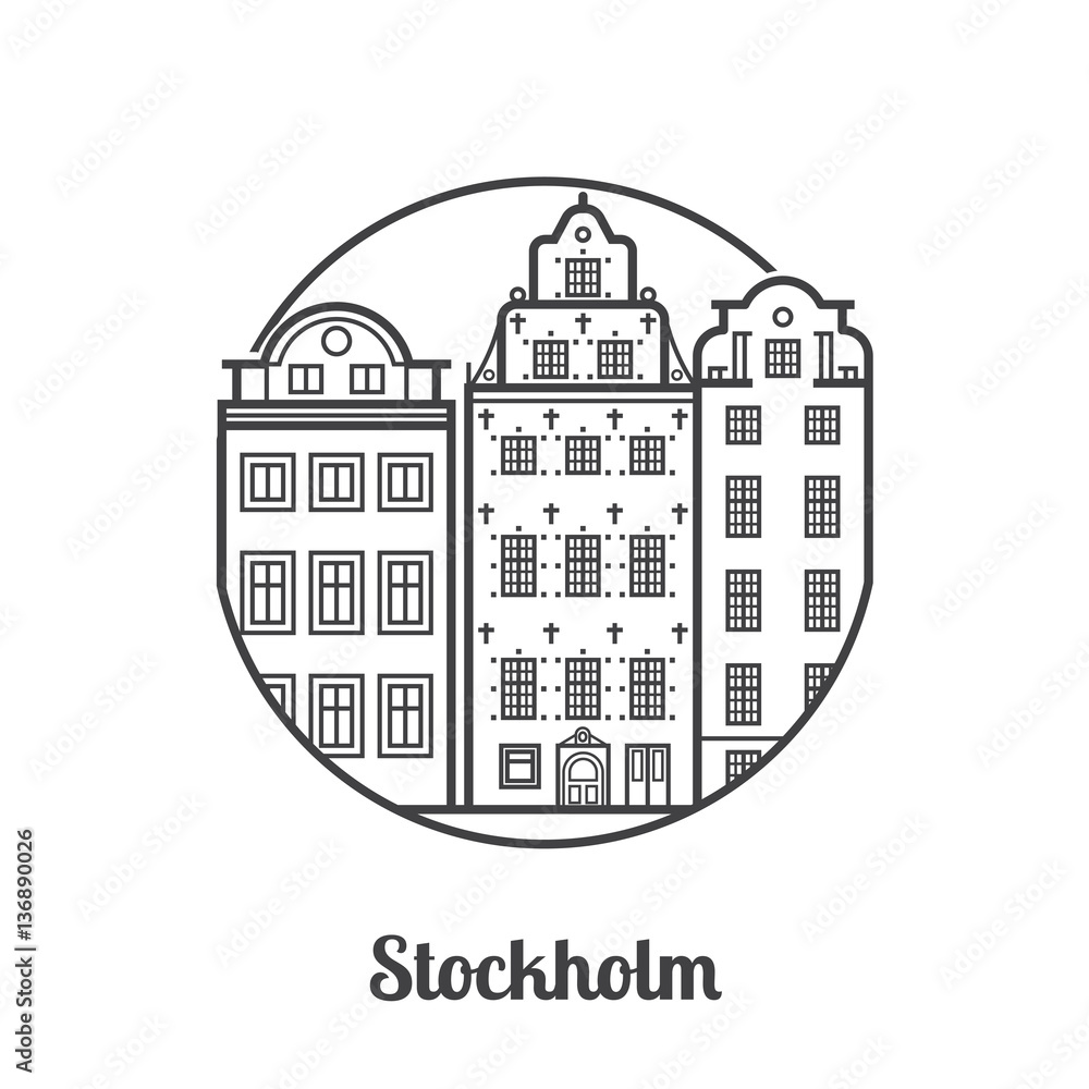 Travel Stockholm icon. Scandinavian houses is one of the famous architectural landmarks and tourist attractions in capital of Sweden. Thin line Europe Old town homes icon in circle.