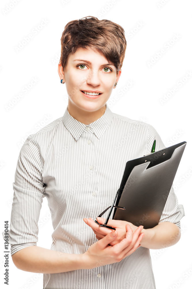 young and beautiful businesswoman with a folder in hands on a wh young and beautiful businesswoman with a folder in hands on a wh