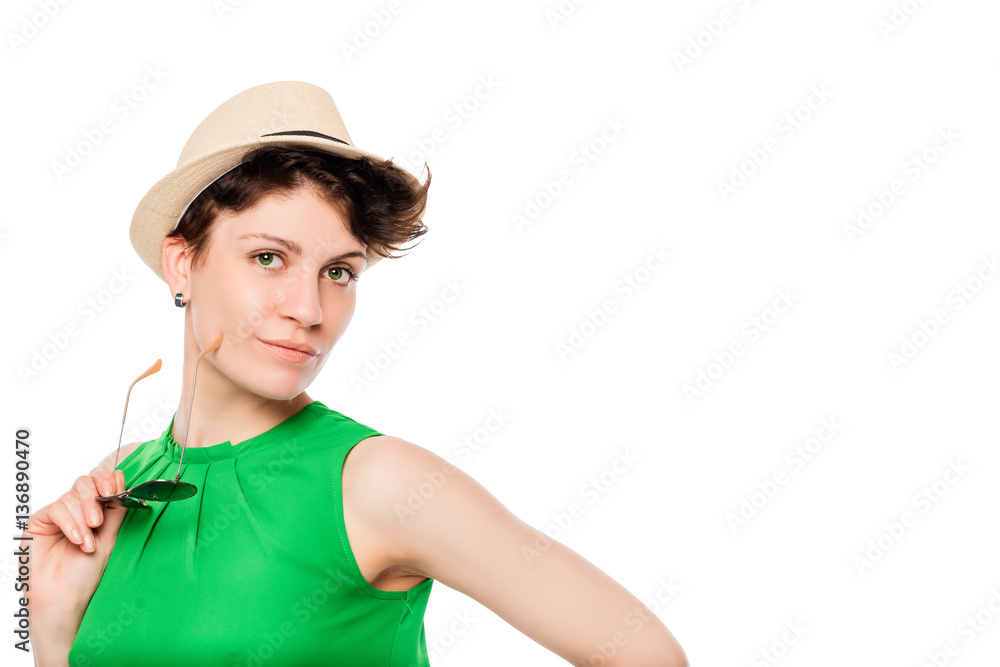 female portrait and the space to the right on a white background female portrait and the space to the right on a white background