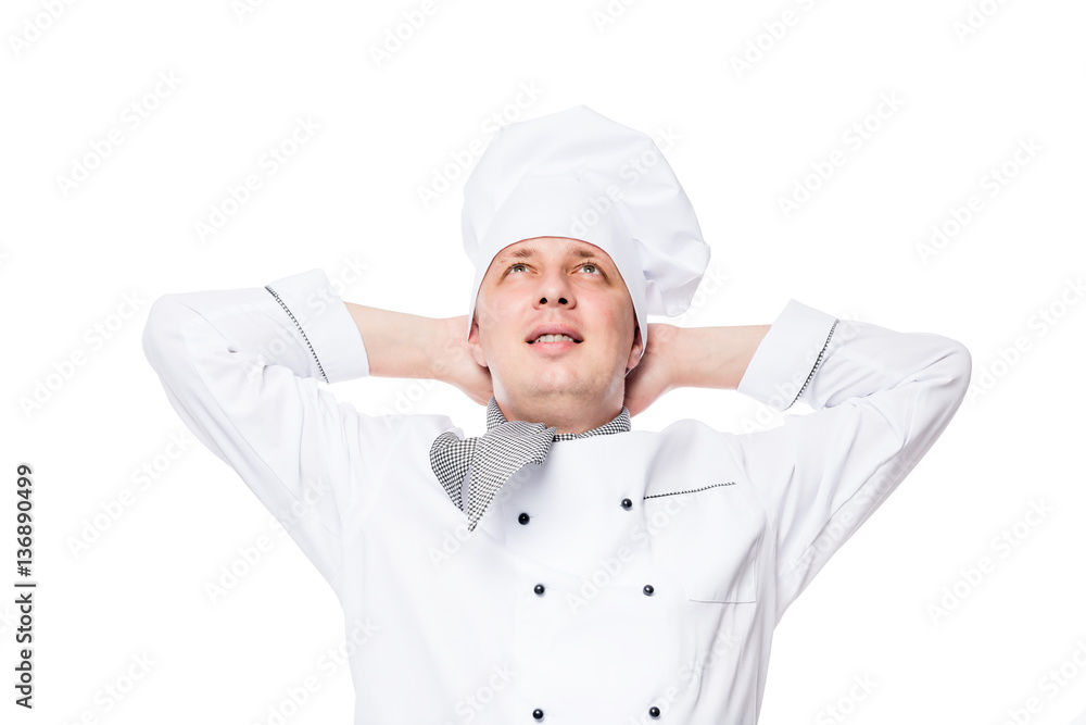 dreamy chef in a cap on a white background isolated dreamy chef in a cap on a white background isolated