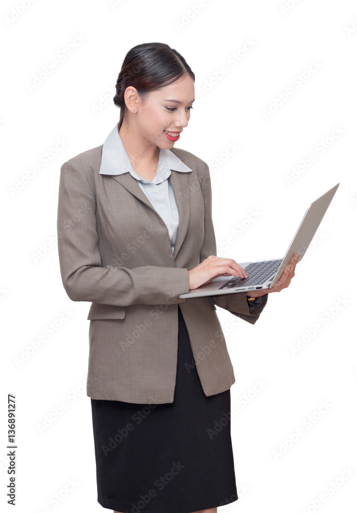 business woman Using a laptop in her hand isolate white background business woman Using a laptop in her hand isolate white background