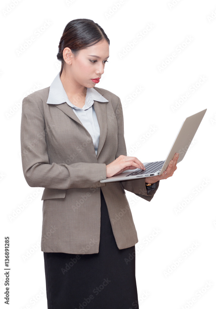 business woman Using a laptop in her hand isolate white background business woman Using a laptop in her hand isolate white background