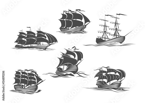 Sailing ship, sailboat, yacht and brigantine icon