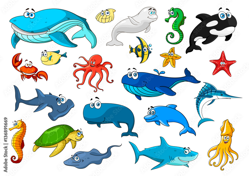 Fototapeta premium Marine animal isolated cartoon icon set