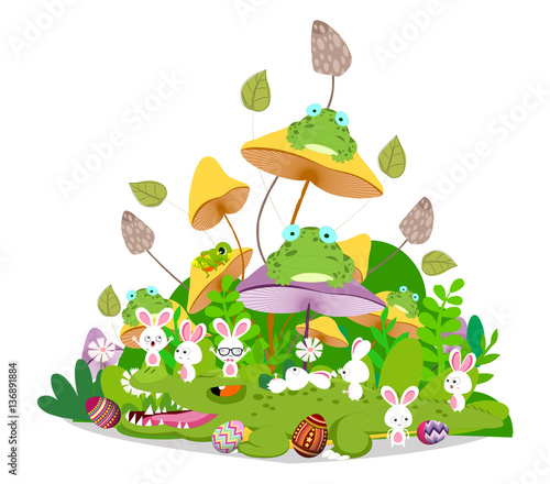 Happy easter funny animals stay together in the mushroom
