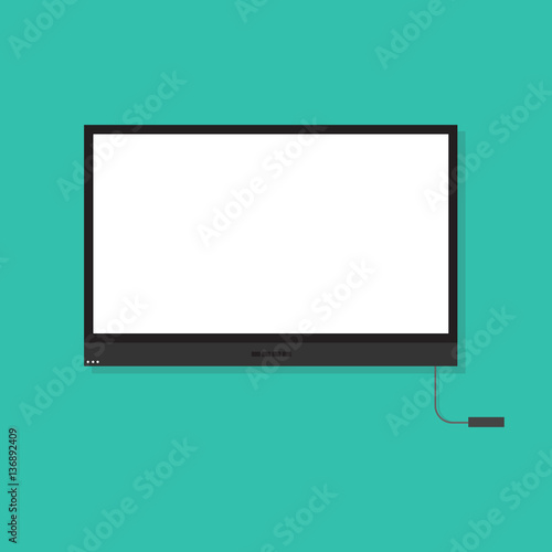 TV with blank screen and reciever with cable on green background. Flat design. Mockup TV. Vector illustration