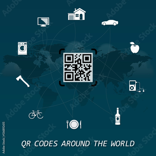 QR Codes around the world - quick response codes business infographic on the center of the world map