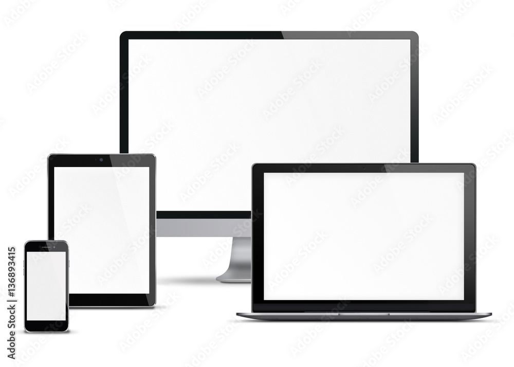 Computer monitor, mobile phone, smartphone, laptop and tablet pc with blank  screen isolated on white background. 3D illustration. Stock Illustration |  Adobe Stock