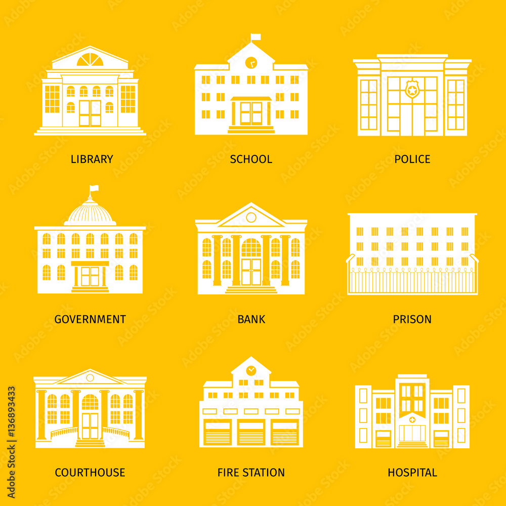 Municipal buildings white icons. Government building set, city hall and ...