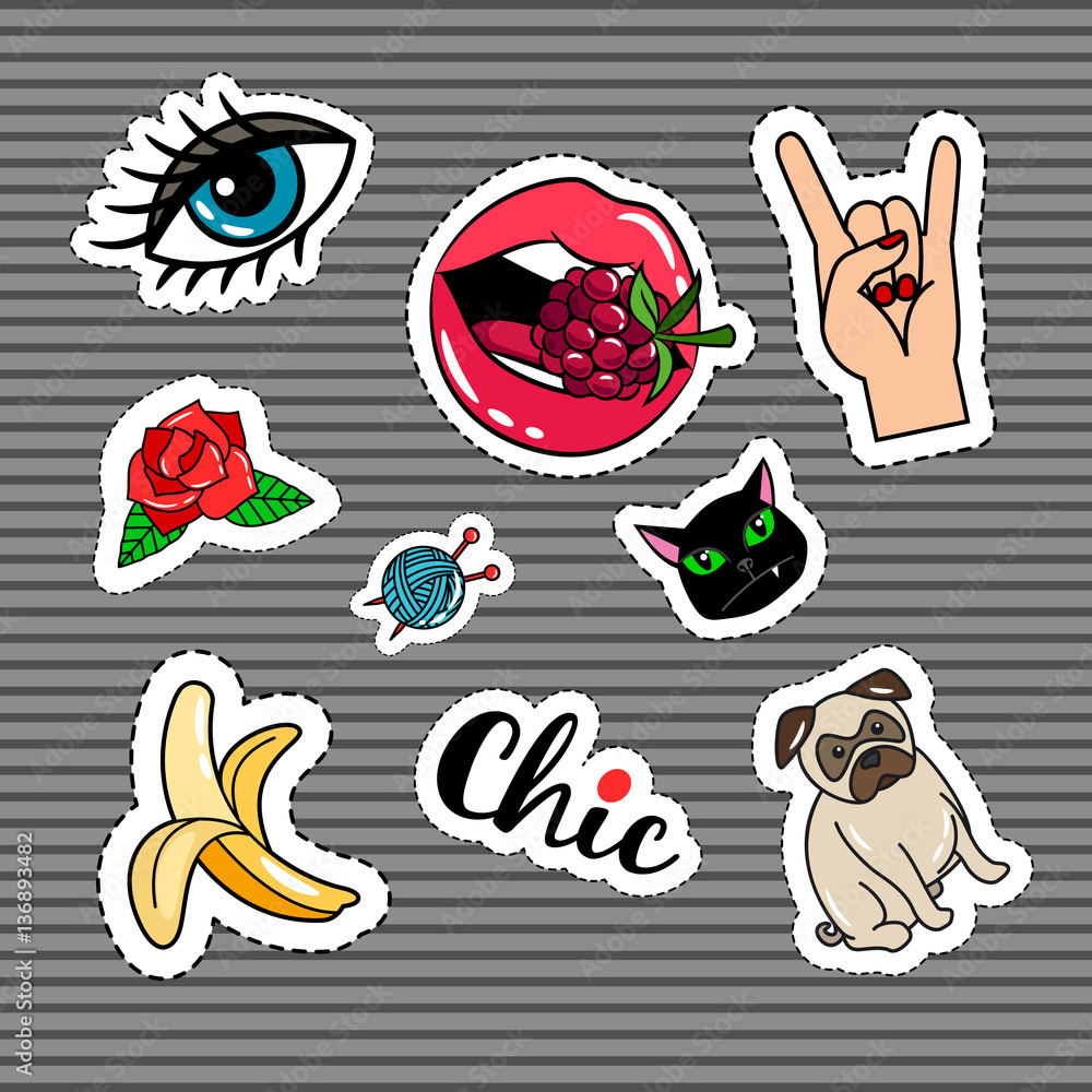 Punk style chik quirky colorful stickers on grey background. Lips, eye and hand, banana, dog and cat pins or patches in cartoon comic style. Vector illustration