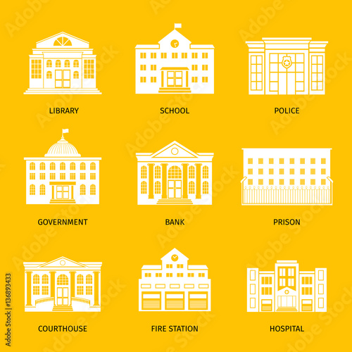 Municipal buildings white icons. Government building set, city hall and hospital, governments house and school signs. Vector illustration