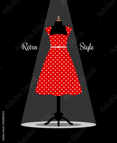 Retro red dress on manikin under projector light. Vector illustration