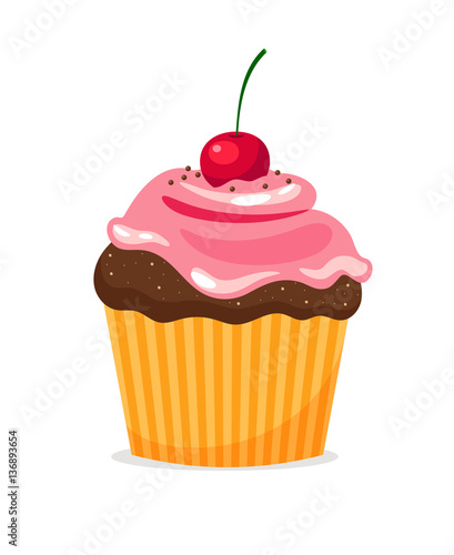 Chocolate cupcake with pink cream and cherry on white background. Vector illustration