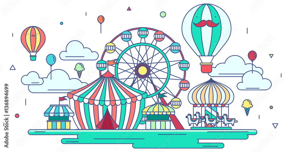Flat line amusement park or theme park graphic design in creativ Flat line amusement park or theme park graphic design in creativ