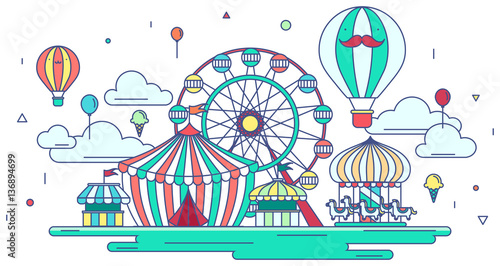 Flat line amusement park or theme park graphic design in creativ