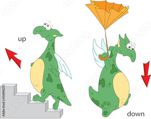 Cartoon dragon goes up the stairs and flies down with an umbrell