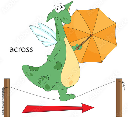 Cartoon dragon goes across the the rope. English grammar in pict