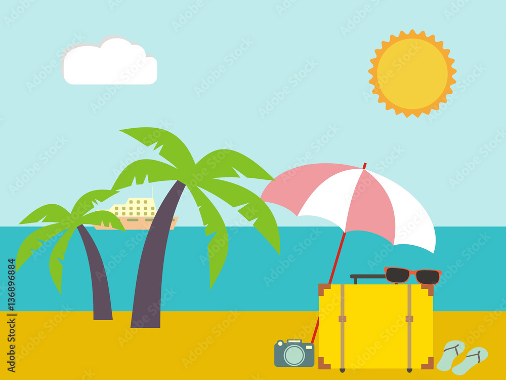 Vector tropical landscape. Sea shore beach with palm trees.  Hol