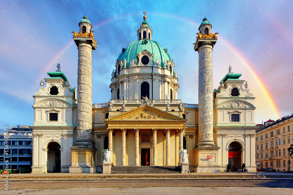 Fototapeta premium St. Charles's Church, Karlskirche in Vienna, Austria at sunrise