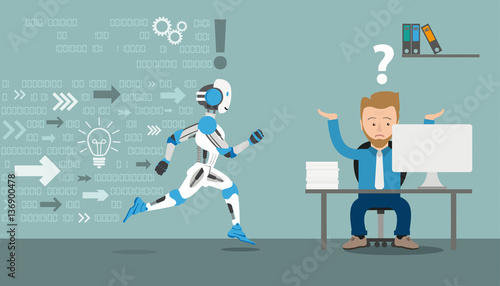 Cartoon Businessman Running Robot Data Office