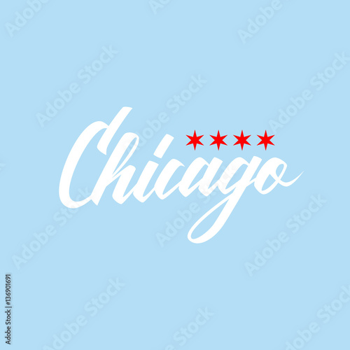 Handwritten city name Chicago with flag stars. Calligraphic element for your design. Vector illustration.