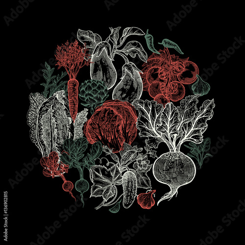 Vintage vegetables laid out in a circle.