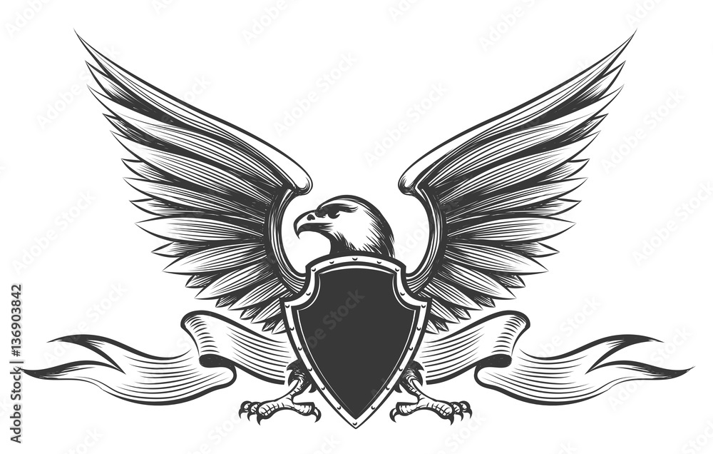 Obraz premium Engraving old painting american bald eagle with wings, shield and ribbon mascot vector isolated on white background