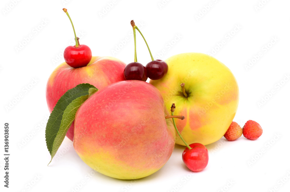Apples with berries on a white background Apples with berries on a white background