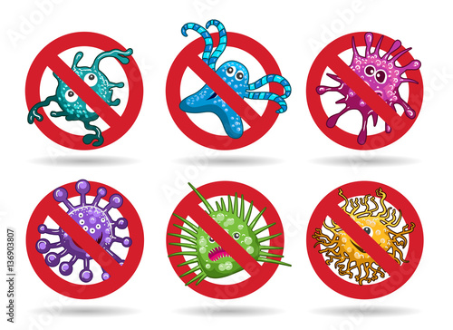 Stop viruses emblem set in cartoon style vector illustration. Bacterium, germs and worm parasite anti symbols pathology antibody