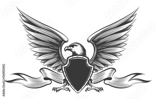Engraving old painting american bald eagle with wings, shield and ribbon mascot vector isolated on white background