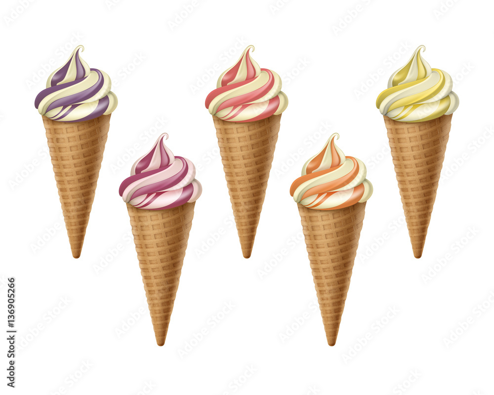 Vector set of Striped Colorful Brown Orange Yellow Purple Soft Serve Ice Cream Waffle Cone in Pink White Carton Wrapper Close up Isolated on White Background