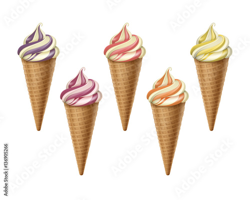 Vector set of Striped Colorful Brown Orange Yellow Purple Soft Serve Ice Cream Waffle Cone in Pink White Carton Wrapper Close up Isolated on White Background