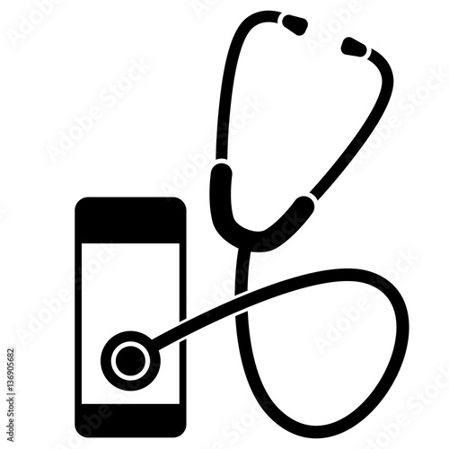 Icon: Stethoskop mit Mobiltelefon / schwarz-weiß, Vektor, freigestellt