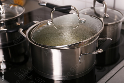 Boiling potato in the pan closeup