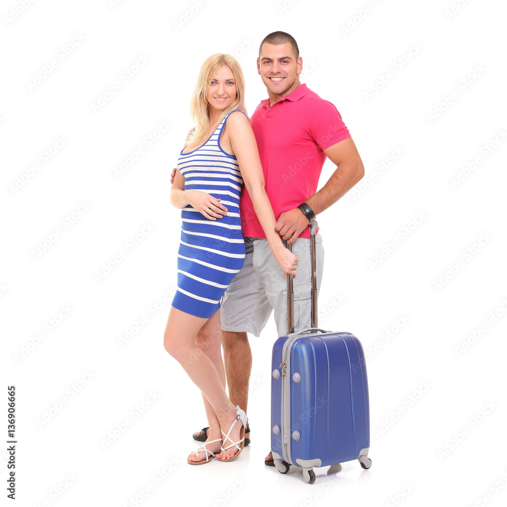 young woman and a man with a suitcase for travel young woman and a man with a suitcase for travel
