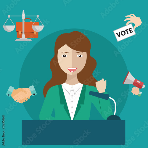 Woman politician having a speech, politics icons