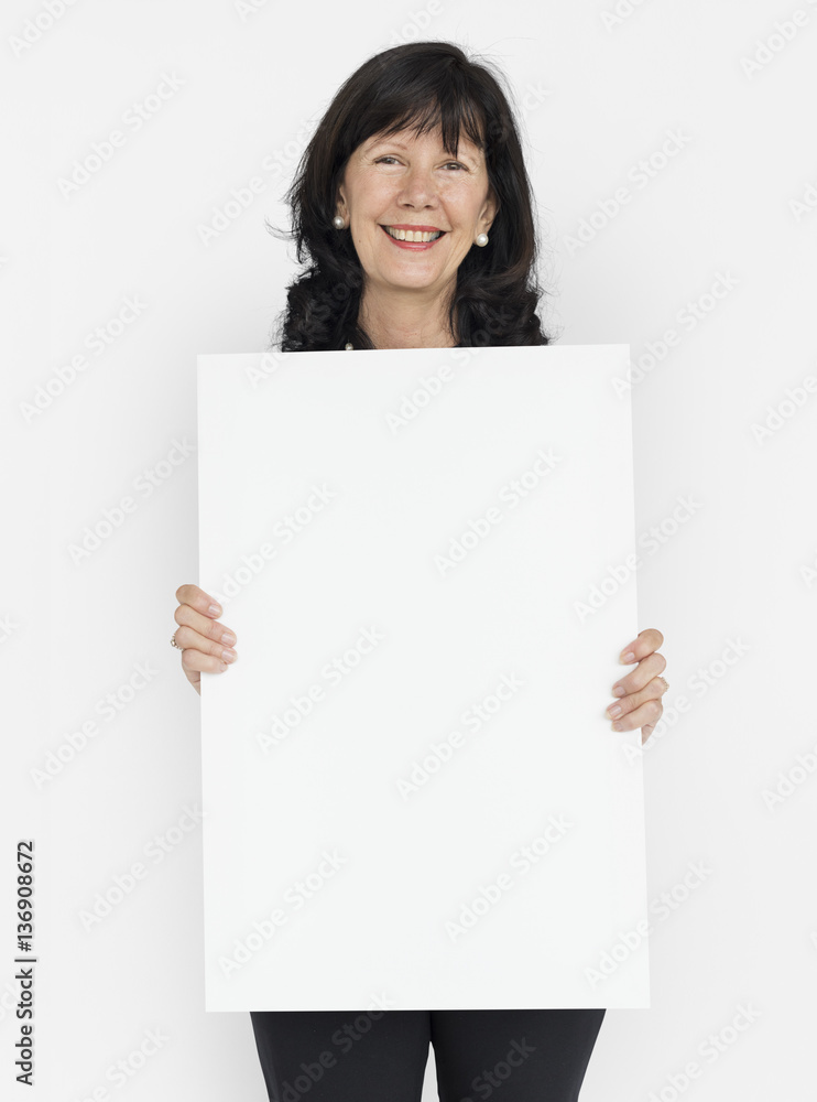 Senior Adult Woman Smiling Holding Banner Copy Space Senior Adult Woman Smiling Holding Banner Copy Space