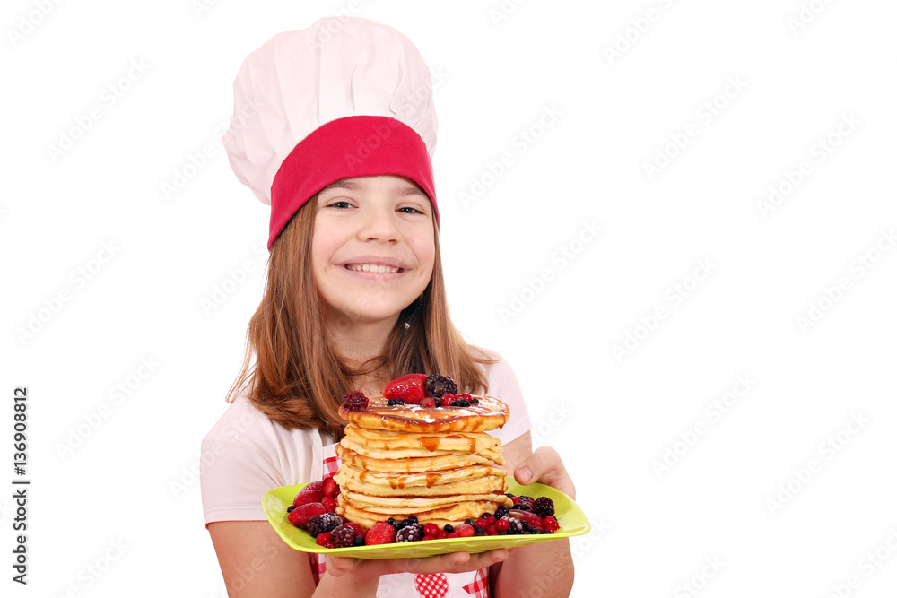 happy little girl cook with pancakes on plate happy little girl cook with pancakes on plate