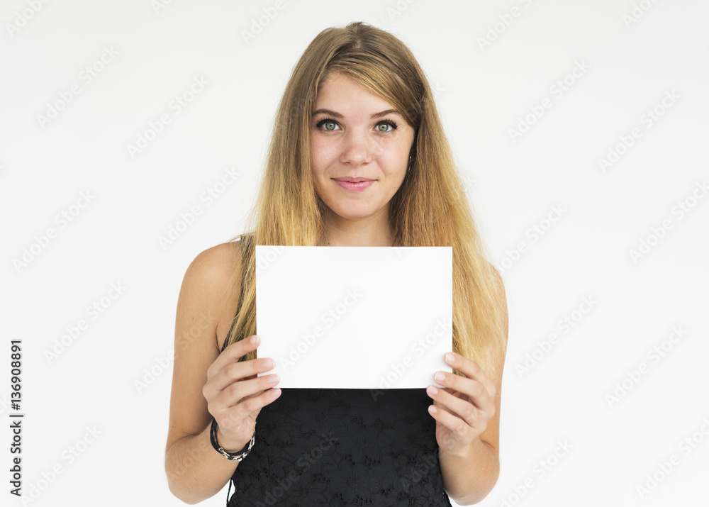 Female Holding White Blank Placard Concept Female Holding White Blank Placard Concept