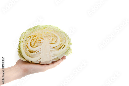 Obraz na płótnie Hand carry half of cabbage on white background isolated with cop w salonie