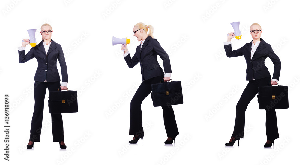 Woman businesswoman with loudspeaker on white Woman businesswoman with loudspeaker on white