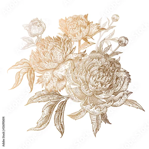 Naklejka na ścianę Golden peonies on a white background.