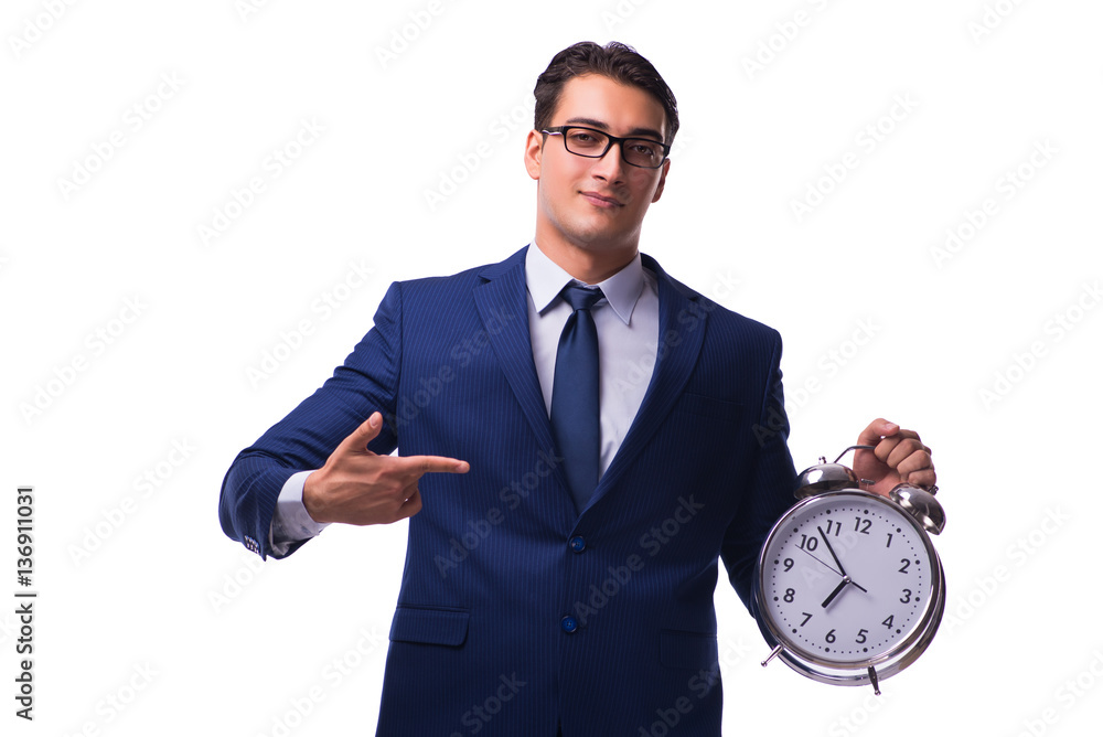 Businessman with alarm clock isolated on white Businessman with alarm clock isolated on white