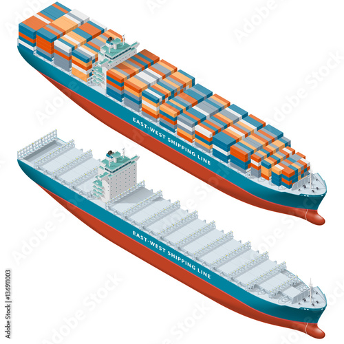 Container ship laden and empty, isometric icon set