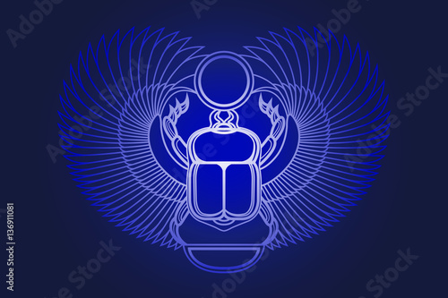 Beetle scarab with wings, sun and a crescent moon. Ancient Egyptian culture. God Khepri Sun morning dawn. The emblem, logo. Object isolated on white background. Vector illustration.