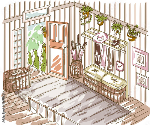 Entrance hallway interior with staircase, storage furniture, pictures, plants and open door . Vintage hand drawn vector illustration in watercolor style