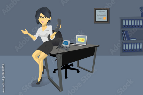 Hermosa secretaria o asistente personal realizando eficientemente su labor con una sonrisa, diseño estilo plano, vida de oficina