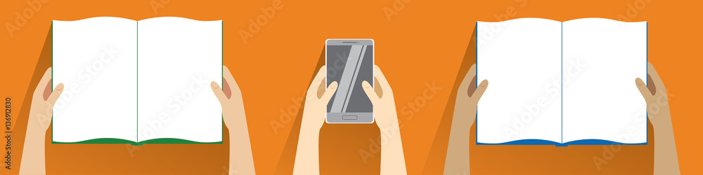 Hands holding open book and smartphone. Top view. Flat design modern vector illustration isolated on orange background. Reading concept Hands holding open book and smartphone. Top view. Flat design modern vector illustration isolated on orange background. Reading concept
