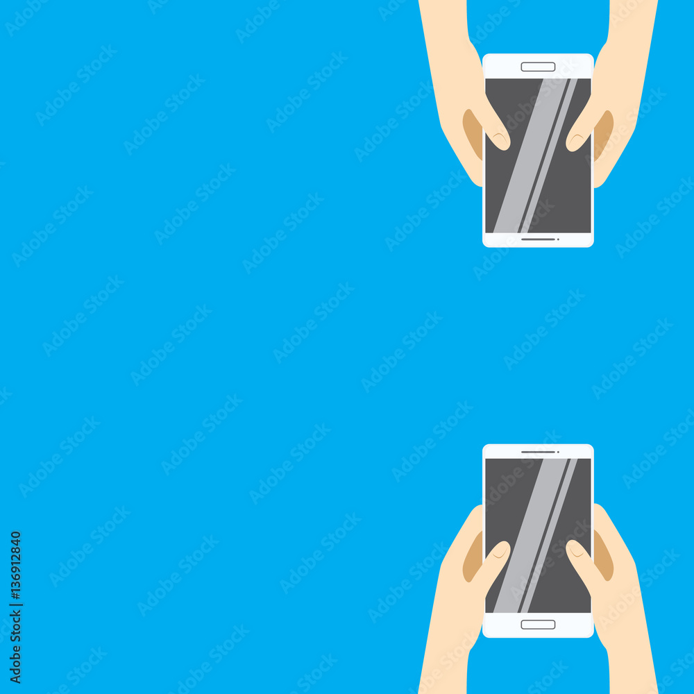 Hands holding white smartphones on a blue background. Vector ...