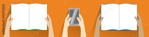 Hands holding open book and smartphone. Top view. Flat design modern vector illustration isolated on orange background. Reading concept